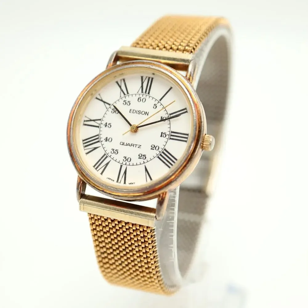 Vintage Edison Gold Tone Unisex 32mm Dress Watch Stretchy Band w New Battery